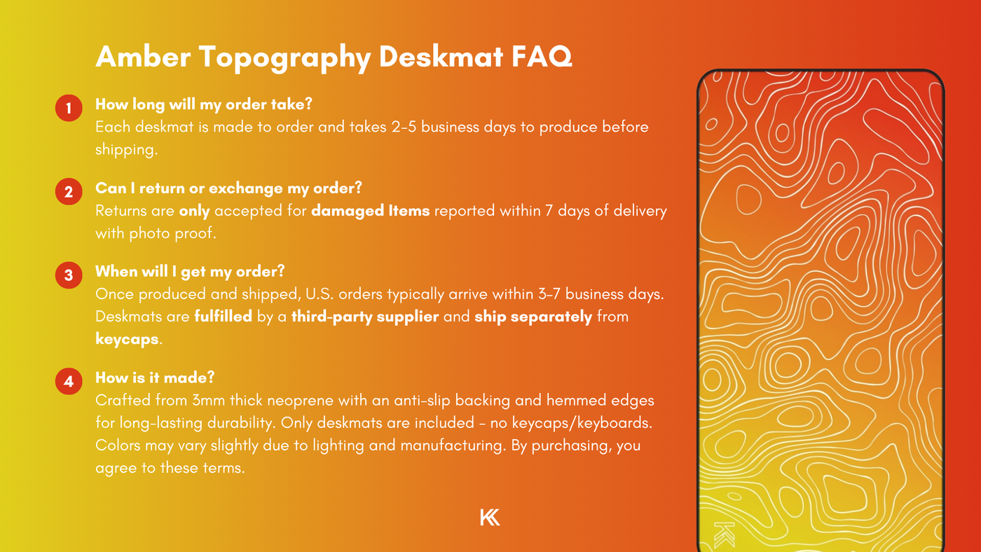 Amber Topography Deskmat FAQ graphic detailing production time, fulfillment process, return and exchange policies, and how each deskmat is made.