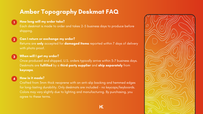 Amber Topography Deskmat FAQ graphic detailing production time, fulfillment process, return and exchange policies, and how each deskmat is made.