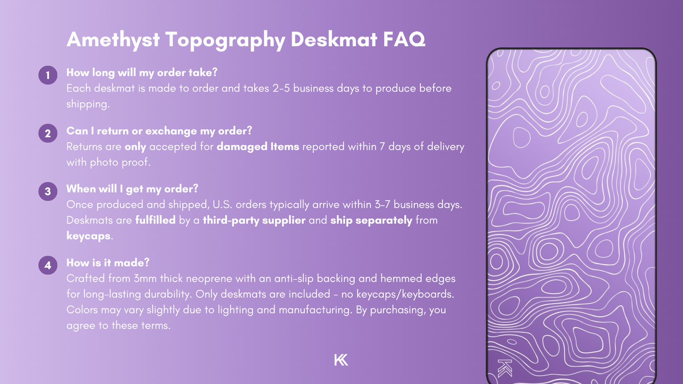Amethyst Topography Deskmat FAQ graphic outlining production time, fulfillment process, return and exchange policies, and how each deskmat is made.