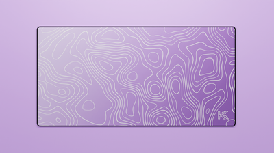 Full view of the Amethyst Topography Deskmat featuring a smooth gradient of deep purple to lilac with white contour lines and black stitched edges.