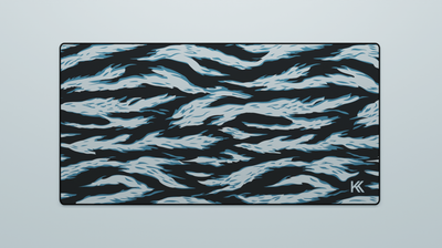 Full view of the Avalanche Tiger Camo Deskmat showing blueish-teal and dark navy tiger stripe camouflage with hemmed edges.