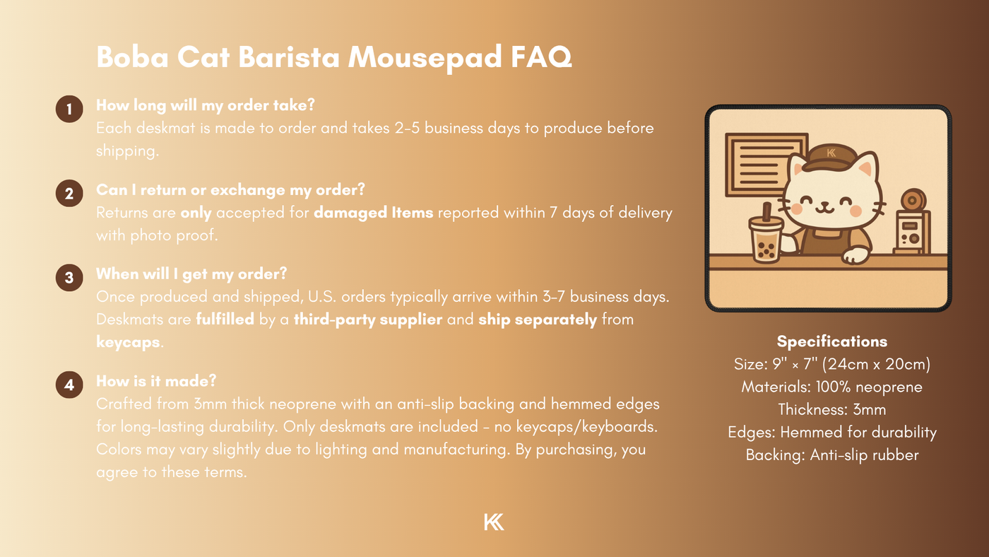 Boba Cat Barista Mini Mousepad FAQ graphic detailing production time, fulfillment process, return and exchange policy, and how each mousepad is made.