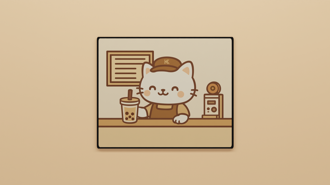 Full view of the Boba Cat Barista Mini Mousepad featuring a white cat barista serving boba tea behind a café counter in a beige and brown color palette.