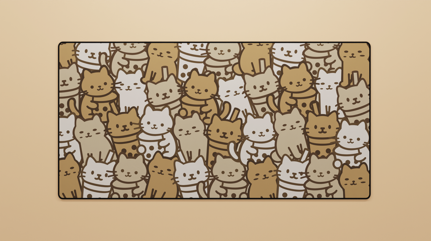 Full view of the Boba Cat Deskmat featuring cute brown and cream cats inspired by boba drinks, with smooth neoprene texture and hemmed edges.