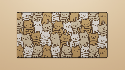 Full view of the Boba Cat Deskmat featuring cute brown and cream cats inspired by boba drinks, with smooth neoprene texture and hemmed edges.