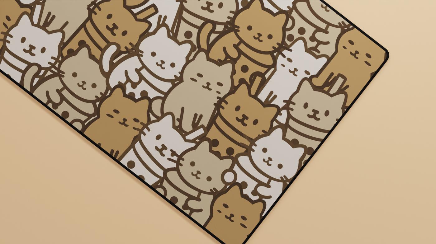 Close-up of the right side of the Boba Cat Deskmat highlighting cute cat illustrations, subtle boba motifs, and fine stitching.