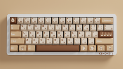 Render of the Boba Cat Keycap Set on a 60% mechanical keyboard, featuring cozy brown and cream keycaps with cat and boba-themed novelties.
