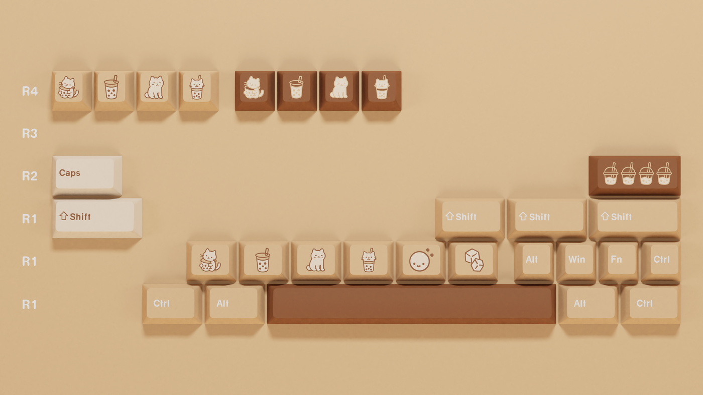 Close-up render of the Boba Cat Keycap Set novelties, showcasing detailed cat and boba illustrations on Cherry profile PBT keycaps with a smooth matte finish.