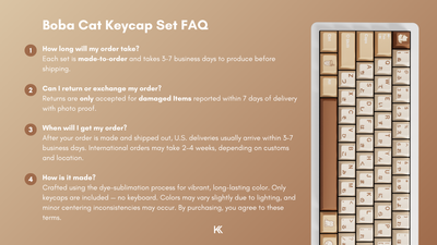 FAQ and disclaimer infographic for the Boba Cat Keycap Set explaining production time, delivery and shipping details, returns and exchange policy, and how the keycaps are made.