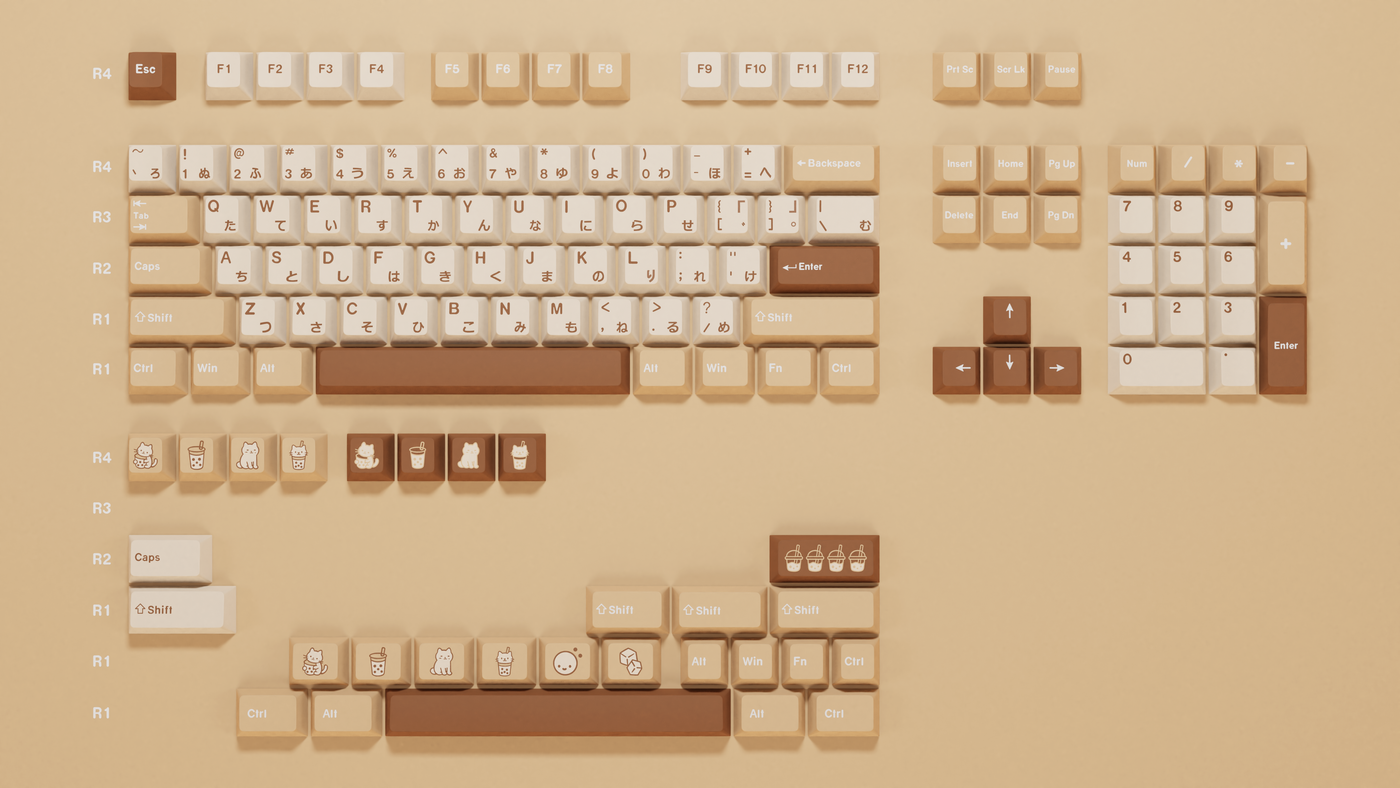 Full 100% layout render of the Boba Cat Keycap Set showing all key sizes and novelties in cream and brown tones with cat and boba accents.