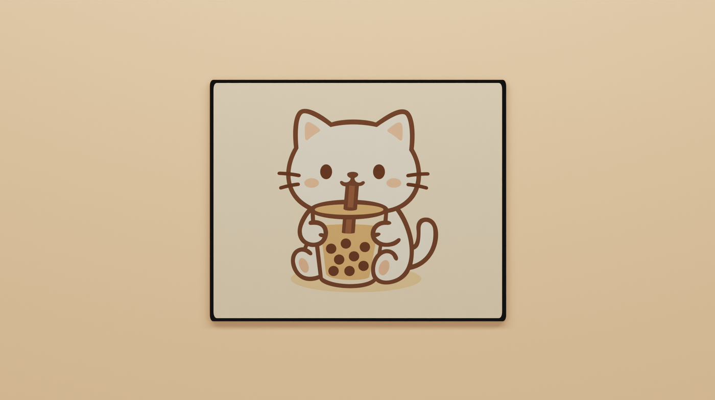 Full view of the Boba Cat Mini Mousepad featuring a white cat drinking brown sugar boba tea on a beige background.