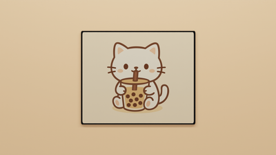 Full view of the Boba Cat Mini Mousepad featuring a white cat drinking brown sugar boba tea on a beige background.