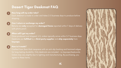 Desert Tiger Camo Deskmat FAQ graphic detailing production times, fulfillment process, return and exchange policies, and manufacturing details.