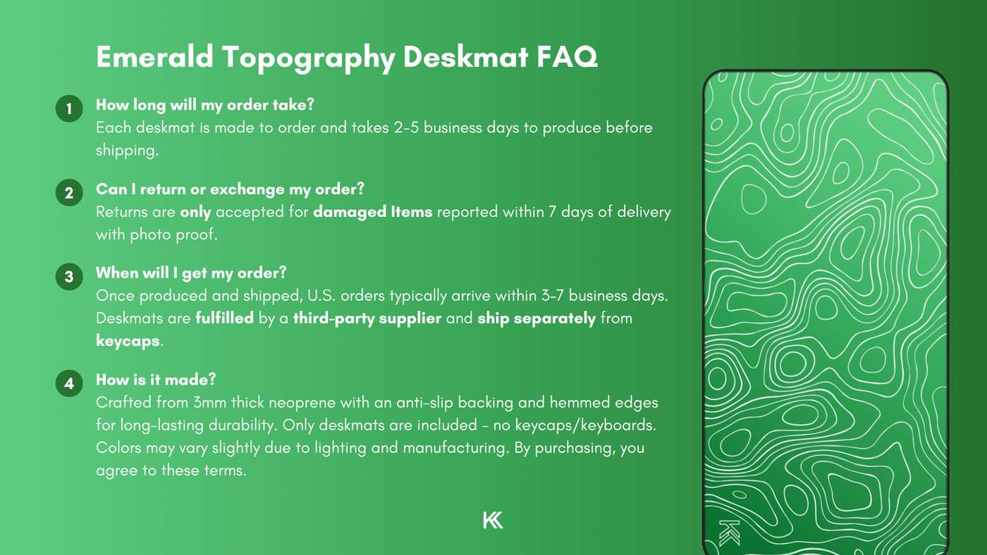 Emerald Topography Deskmat FAQ graphic detailing production time, fulfillment process, return and exchange policies, and how each deskmat is made.