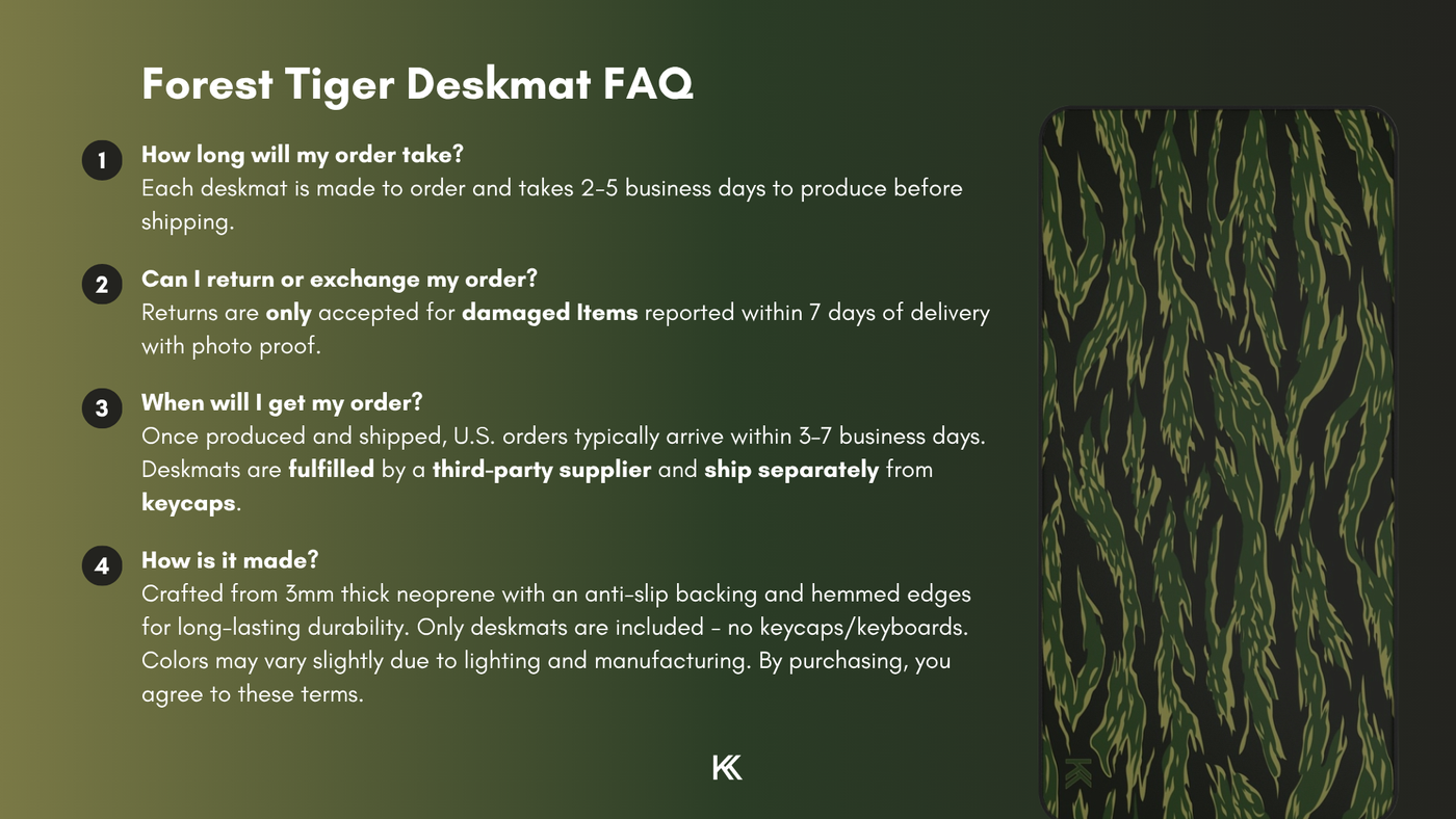 Forest Tiger Camo Deskmat FAQ graphic detailing production times, fulfillment process, return and exchange policies, and manufacturing details.