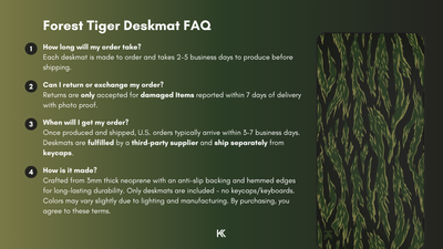 Forest Tiger Camo Deskmat FAQ graphic detailing production times, fulfillment process, return and exchange policies, and manufacturing details.