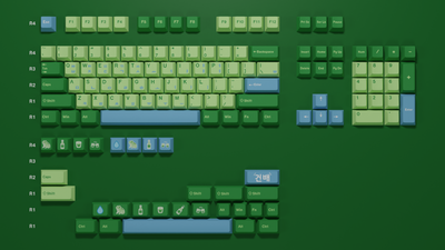 Full 100% layout of Fresh Soju keycap set featuring pastel green/blue and white Cherry Profile PBT keycaps for mechanical keyboards