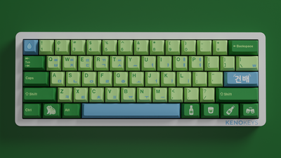 Fresh Soju keycap set on a 60% mechanical keyboard layout showing compact design and clean pastel green/blue aesthetic
