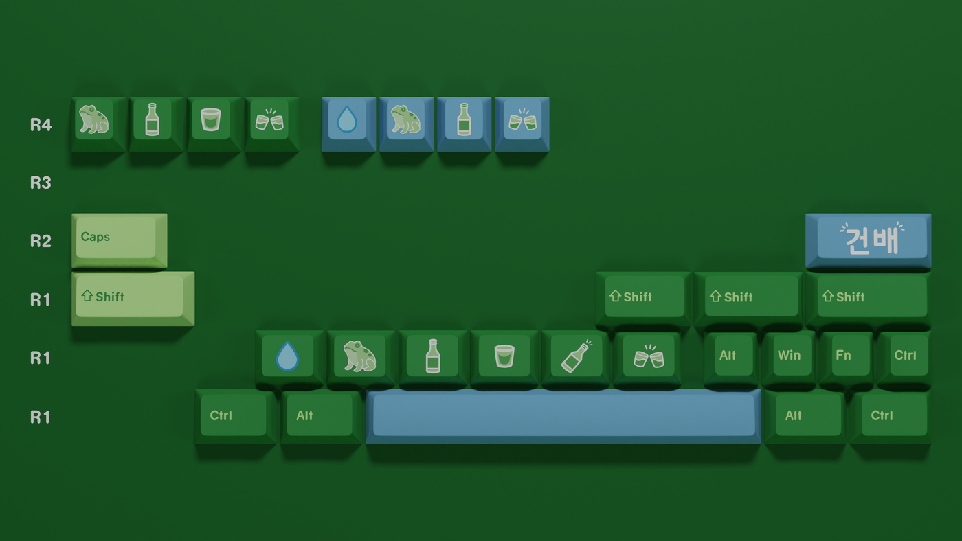 Close-up of extra keys and novelty keycaps from the Fresh Soju keycap set featuring playful pastel accents and clean legends