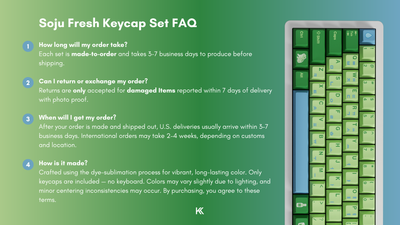 FAQ infographic for the Fresh Soju Keycap Set explaining production time, delivery process, returns and exchange policy, and how the keycaps are made.