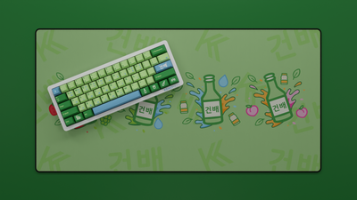 Fresh Soju Keycap Set displayed with the full Soju deskmat, featuring vibrant mint-green Cherry profile PBT keycaps and a coordinated desk aesthetic for a clean, refreshing setup.