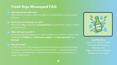 Fresh Soju Mini Mousepad FAQ graphic detailing production time, fulfillment process, return and exchange policy, and how each mousepad is made.