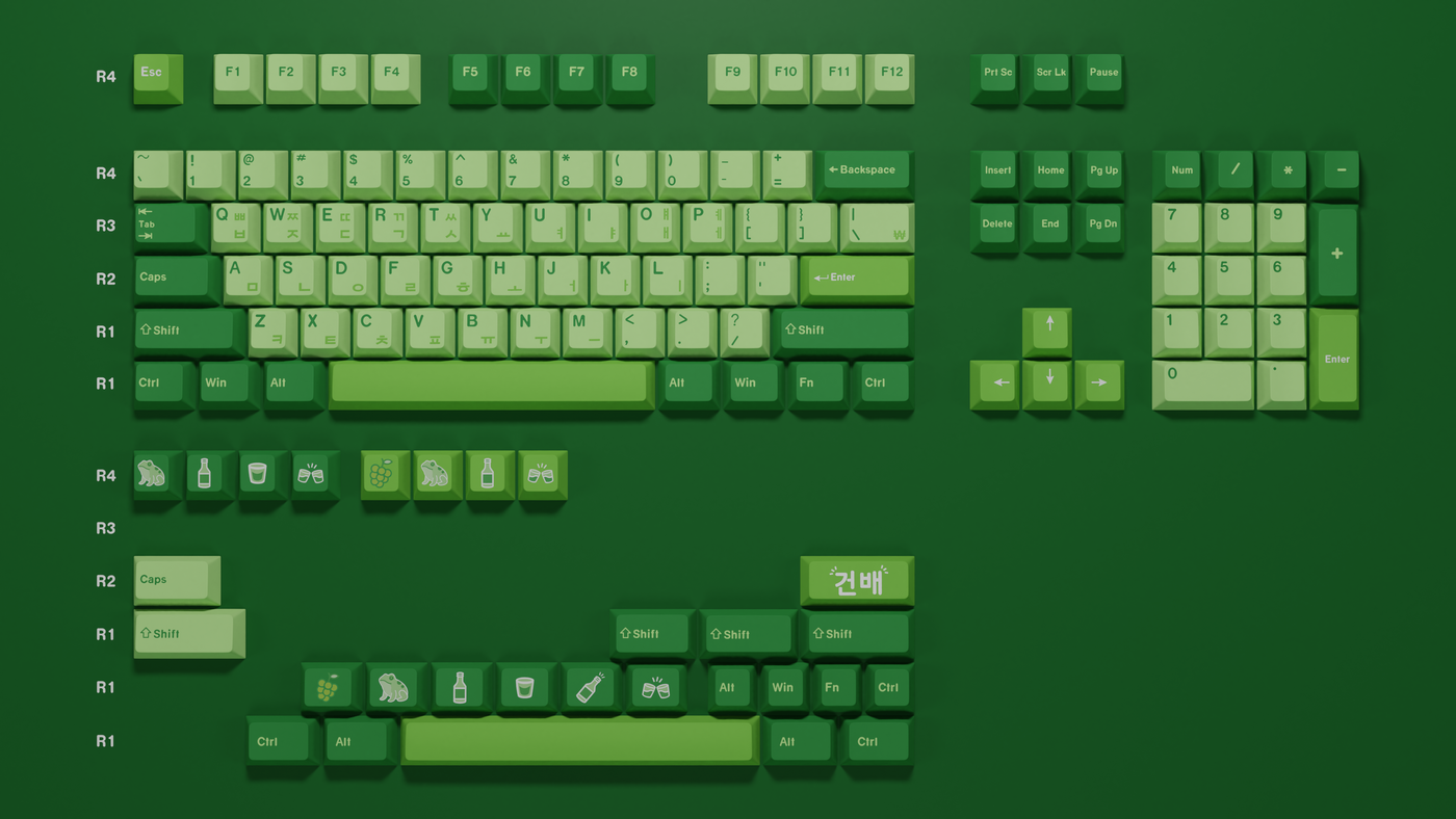 Full 100% layout of the Grape Soju Keycap Set featuring multiple shades of green in a Cherry profile design on a mechanical keyboard.