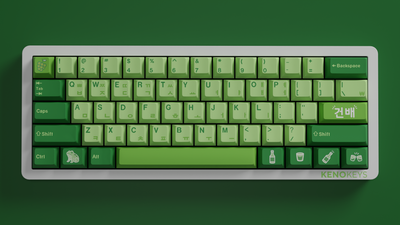 Compact 60% keyboard layout showcasing the Grape Soju Keycap Set with fresh green hues and PBT keycaps.