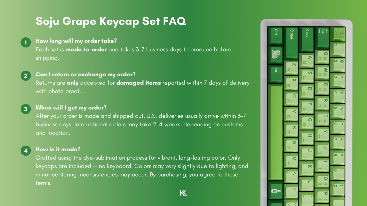 Informational FAQ image for the Grape Soju Keycap Set describing production and manufacturing details, order processing time, delivery expectations, and return or exchange information.