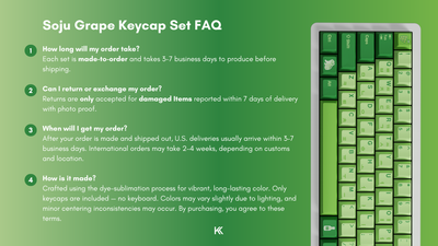 Informational FAQ image for the Grape Soju Keycap Set describing production and manufacturing details, order processing time, delivery expectations, and return or exchange information.