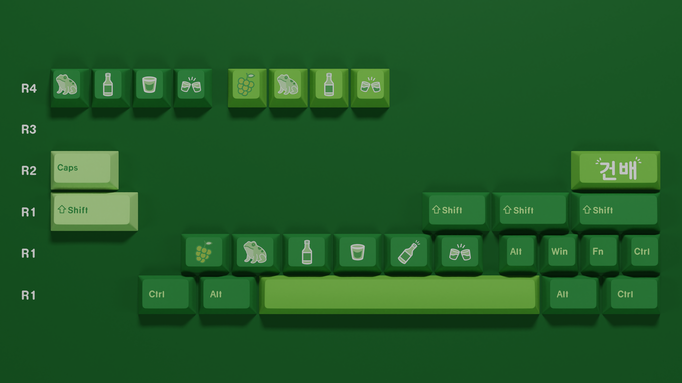 Close-up of Grape Soju Keycap Set novelties and extra keys, highlighting detailed dye-sublimated legends and vibrant green shades.