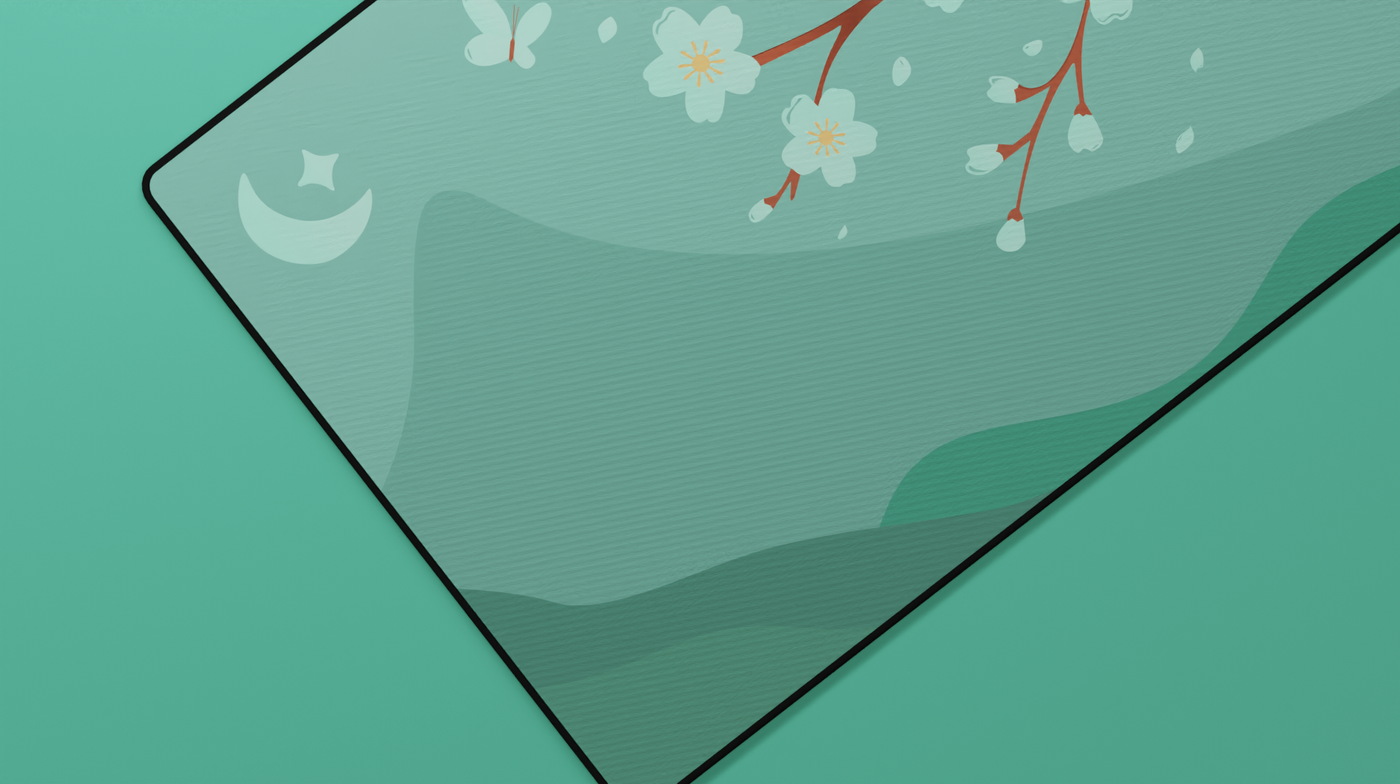 Close-up of the Green Sakura Cat Deskmat showing detailed sakura flowers, butterflies, and soft shading on the teal background.