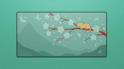 Full view of the Green Sakura Cat Deskmat featuring a golden cat sleeping on a cherry blossom branch under the moon with teal mountains in the background.