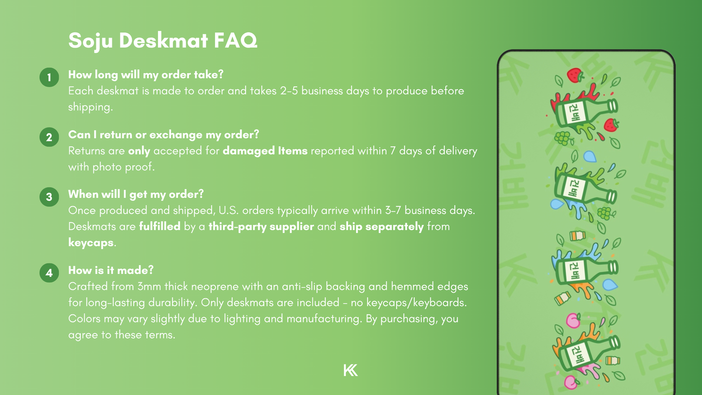 Korean Soju Flavors Deskmat FAQ graphic detailing production time, fulfillment process, return and exchange policy, and how each deskmat is made.