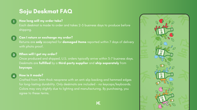 Korean Soju Flavors Deskmat FAQ graphic detailing production time, fulfillment process, return and exchange policy, and how each deskmat is made.