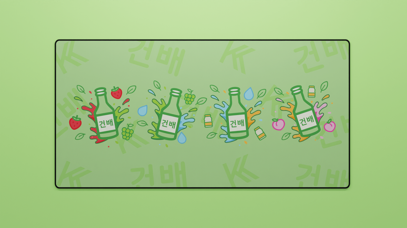Full view of the Korean Soju Flavors Deskmat featuring soju bottles and fruit splashes representing strawberry, grape, fresh, yogurt, and peach flavors on a green background.