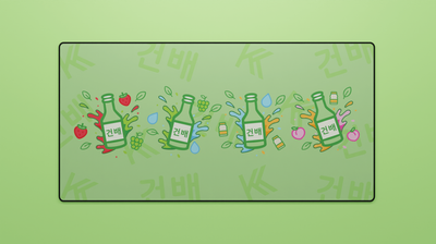 Full view of the Korean Soju Flavors Deskmat featuring soju bottles and fruit splashes representing strawberry, grape, fresh, yogurt, and peach flavors on a green background.