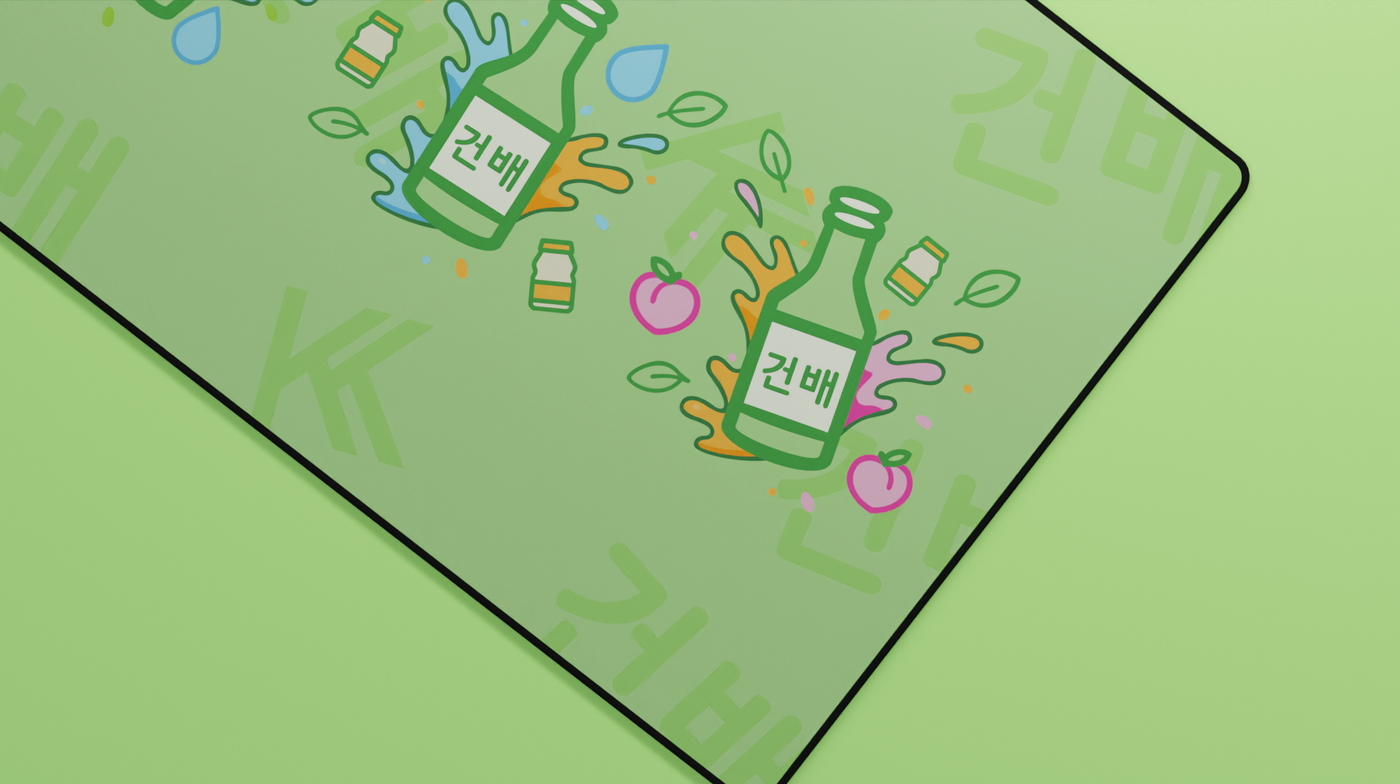 Close-up of the Korean Soju Flavors Deskmat showing peach and yogurt bottle details on smooth neoprene fabric with clean stitching.