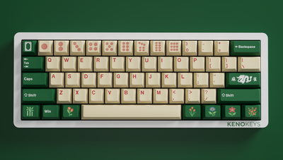 Mahjong Keycap Set displayed on a 60% keyboard layout, featuring green and cream keycaps with red legends and mahjong suit icons.