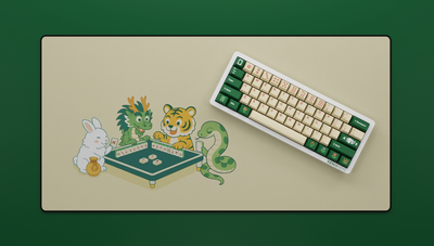 Mahjong Keycap Set on a 60% keyboard with matching green deskmat, featuring ivory alphas and mahjong-themed novelties for an elegant, cohesive setup.