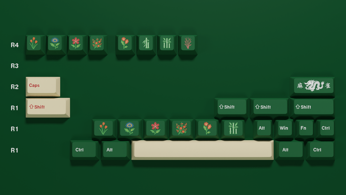 Close-up render of the Mahjong Keycap Set novelties showcasing detailed mahjong suit icons, Chinese characters, and floral accents on PBT keycaps.