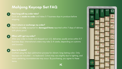 FAQ and disclaimer infographic for the Mahjong Keycap Set explaining production time, delivery and shipping details, returns and exchange policy, and how the keycaps are made.
