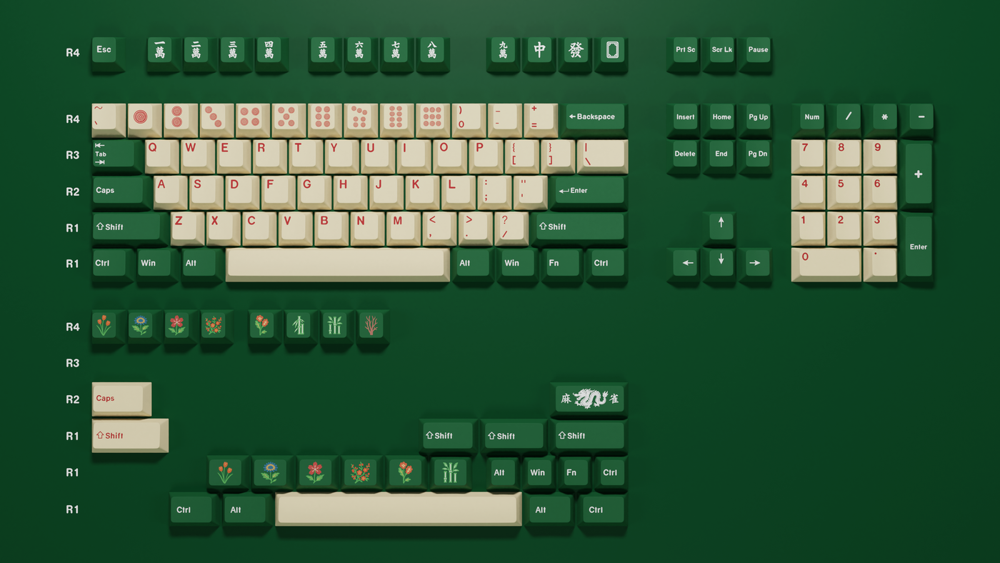 Full 100% layout render of the Mahjong Keycap Set featuring jade green and ivory tones with red legends and mahjong-inspired novelty keys.