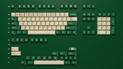 Render overview of the Mahjong Keycap Set showing individual key units and mahjong tile-inspired symbols across green and cream colorways.