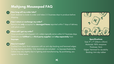 Mahjong Mini Mousepad FAQ graphic detailing production time, fulfillment process, return and exchange policy, and how each mousepad is made.