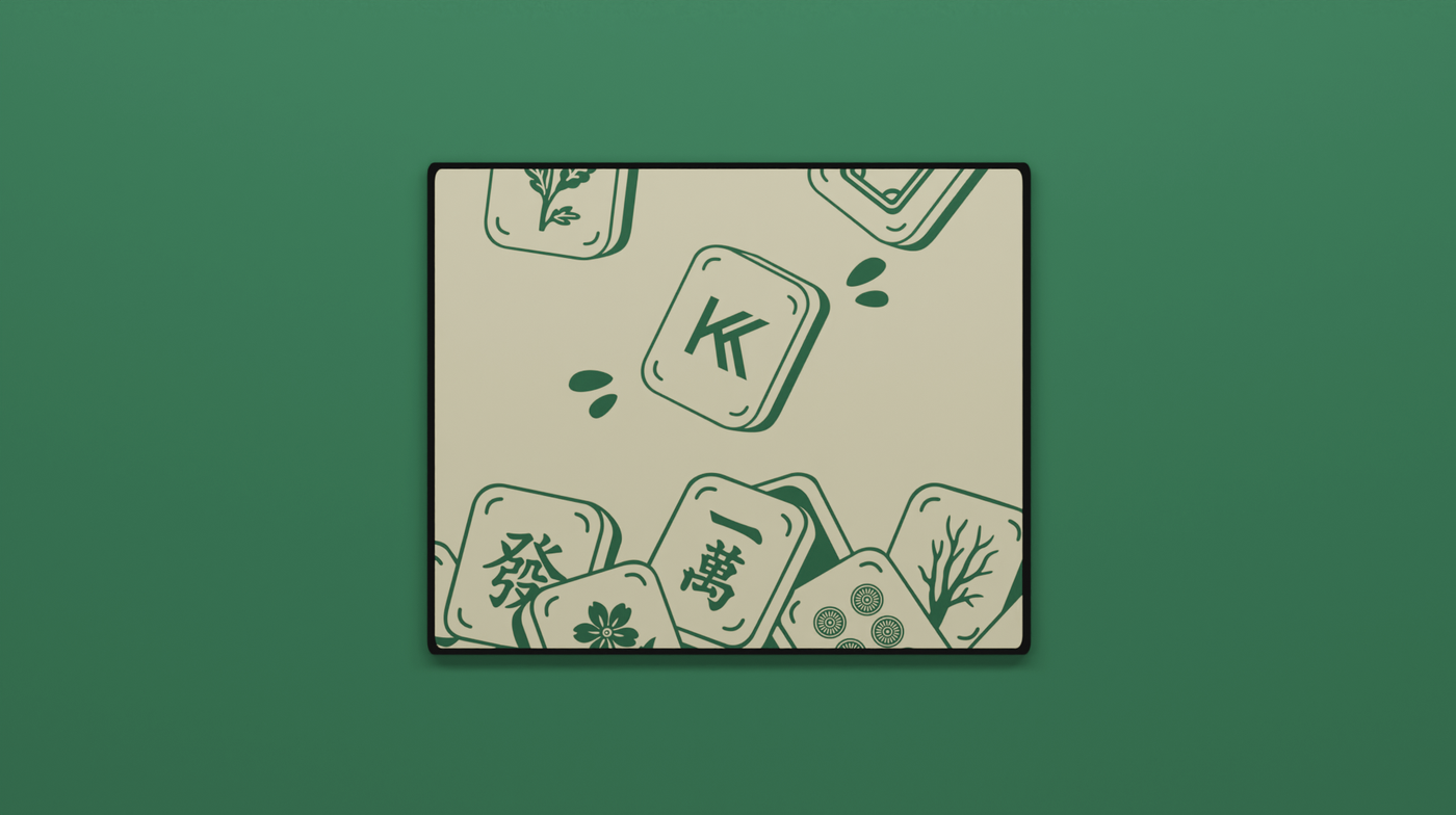 Full view of the Mahjong Mini Mousepad featuring green mahjong tiles with floral, character, and Kenokeys logo details on a beige background.