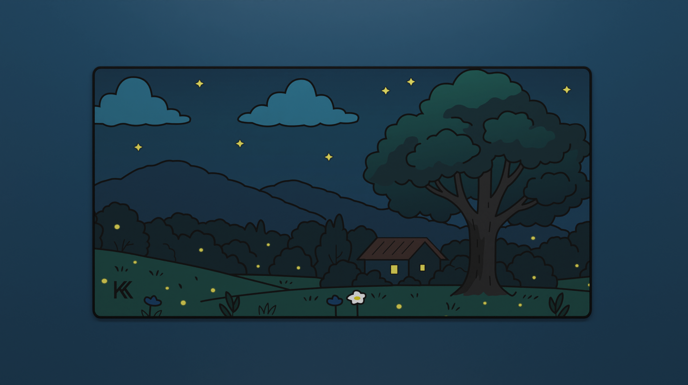 Full view of the Midnight Meadow Deskmat featuring a nighttime meadow landscape with glowing fireflies, a cabin, and a large tree under a starry sky.