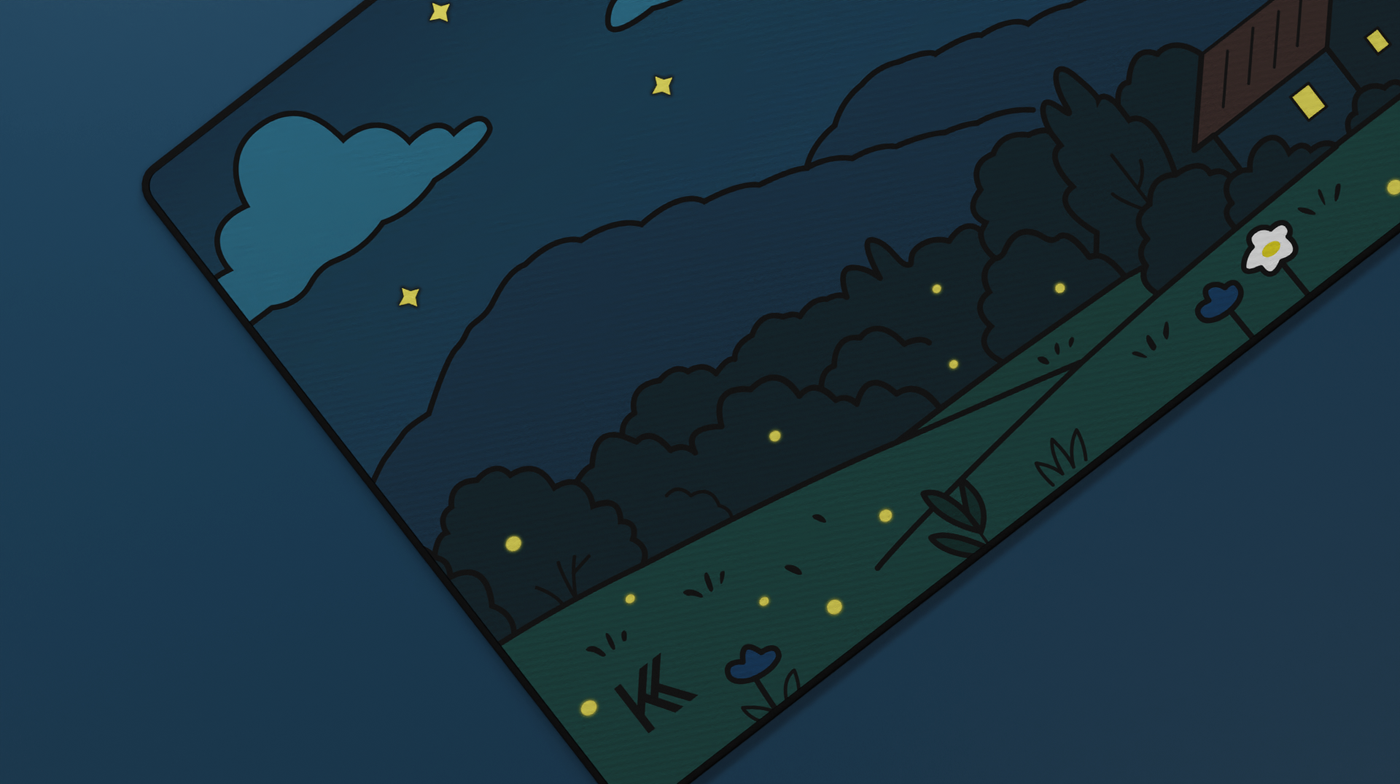 Close-up of the Midnight Meadow Deskmat showing stars, trees, and glowing fireflies against soft blue mountain tones.