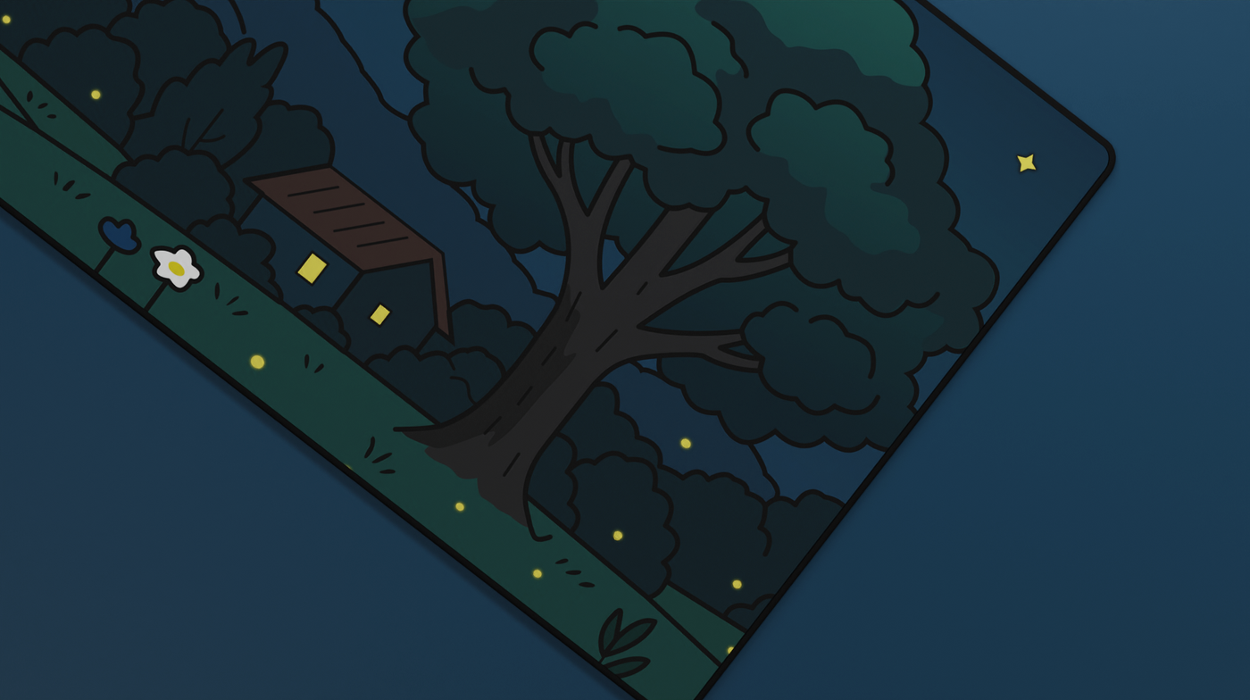 Close-up of the Midnight Meadow Deskmat featuring a large tree, cabin, and glowing windows with a stitched edge finish.