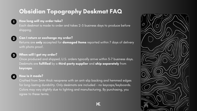 Obsidian Topography Deskmat FAQ graphic detailing production times, fulfillment process, return and exchange policy, and how each deskmat is made.